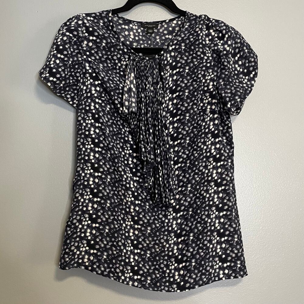Ann Taylor Black White Silk Pleated Neck Blouse Top NEW XXS